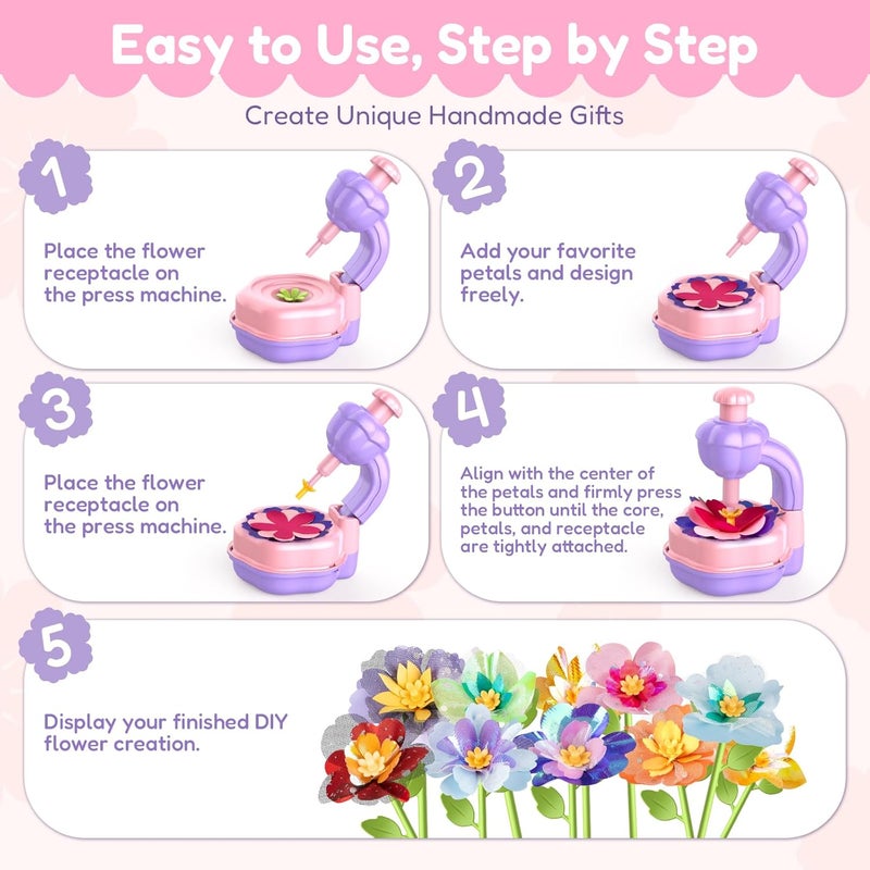 IBLOTIME Fabric Flower Bouquets Toys DIY Flower Press Kit Arts and Crafts for Kids Ages 4-8 6-8 8-12 Girls, Creative Flower Bouquet Making Set Craft Supplies Gifts for 7 Year Old Girl Birthday Christmas - Image 3